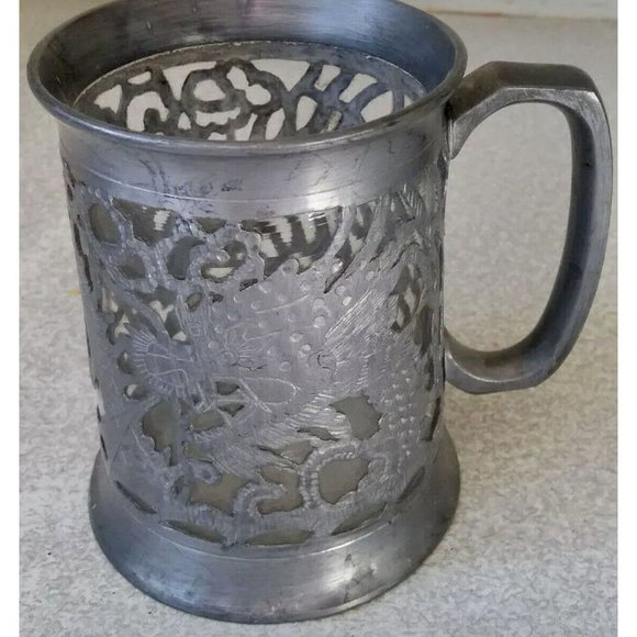 ANTIQUE / VINTAGE PEWTER ALE / BEER TANKARD W/ CUT OUT DRAGON CHINESE SENGHENG - Picture 1 of 5